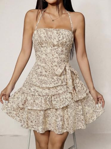 Image of Narecte Summer Dresses for Women,Tie Halter Mini Dress,Floral Print Short Dress,Ruffle Trim Casual Dresses