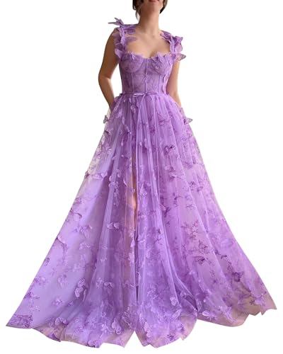 Frauen 3D Schmetterling Tüll Abendkleider Stickerei Spitze Spaghetti Träger Formelle Ballkleider mit Schlitz(B-Lila,36)