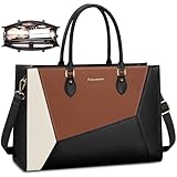 RAINSMORE Laptop Tote Bag for Women 15.6 Inch Waterproof Work Bag Briefcase Large Teacher Bag Handbag Professional Business Office Shoulder Bag Crossbody Purse, Black & Brown & White
