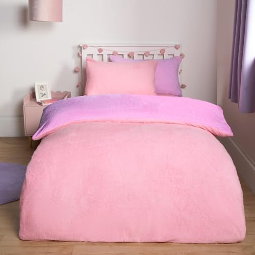Brentfords Teddy Fleece Single Duvet Set, Christmas Winter Fluffy Cosy Reversible Single Duvet Cover Set Super Soft Warm Thermal Teddy Bear Bedding with Pillowcase, Pink/Lilac