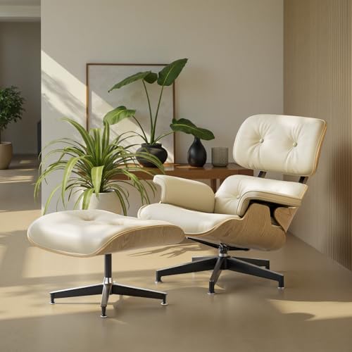 Image of Top Cream White Grain Leather, Mid Century Chaise Lounge Chair and Ottoman, Modern Chair Classic Design, Ash Wood, Heavy Duty Base Support for Living Room Office