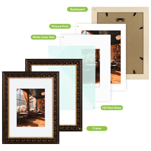 Image of Golden State Art, 9X12 Ornate Finish Photo Frame With White Mat for 6X8 Picture & Real Glass, Color: Dark Brown With Gold