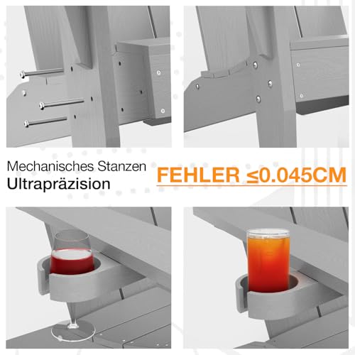 Adirondack Stuhl für Outdoor Garten: Übergröße Adirondack Chair Kunststoff HIPS Allwetter mit Getränkehalter - Modern Adirondack Gartensessel Wetterfest für Balkon/Terrasse/Beach/Feuerstelle (Grau)