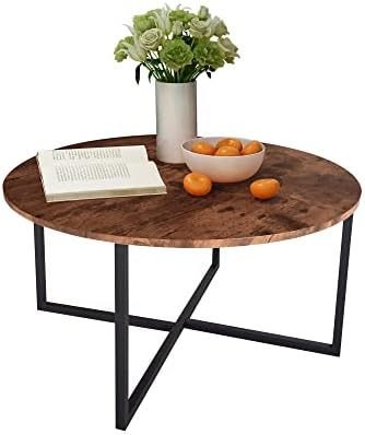 DUMEE Round Coffee Table Industrial Wooden Cocktail Table with Sturdy Steel Frame for Living Room, Bedroom, Black and Rustic Brown