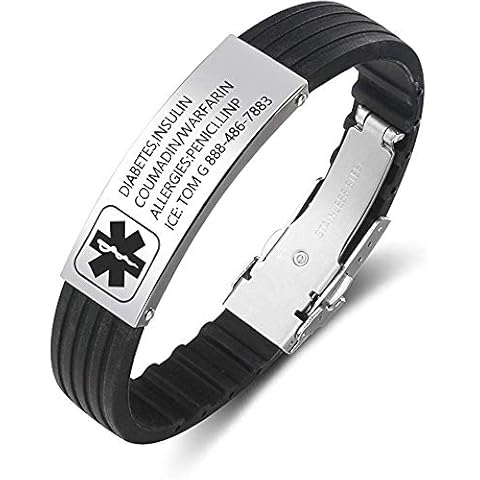 Personalised Medic Alert Bracelet for Women - Silicone Band Emergency Medical Mens Bracelets -Official ID Wristband with Medical Alert Badge - Customised Engrave ID Text Health Informaiton Bracelet Cover