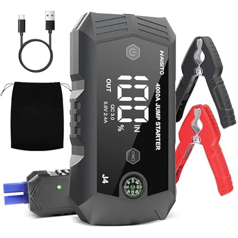 Haisito Jump Starter, 4000A Peak Car Battery Jumper Starter Portable, Up to 10L Gas and 8L Diesel Engines, UltraSafe 12V Jumper Cables with Battery Pack, Power Bank, 500 LM LED Flashlight Cover