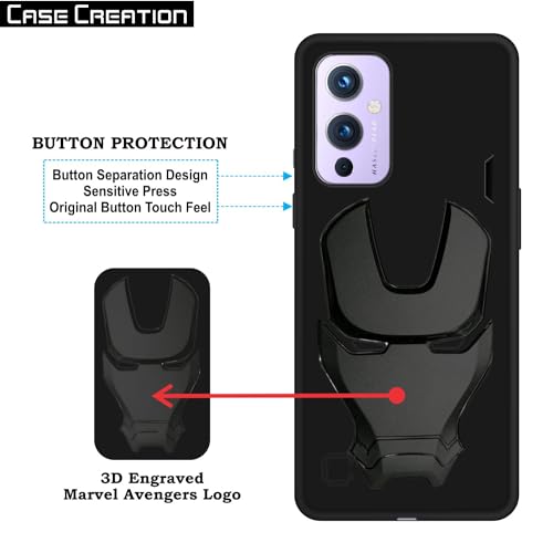 Image of COVERLY Official 3D Touch Feel Trending Real Hero Avengers Logo Mask Soft Rugged Grip TPU Silicone Iron Man Super Power Cartoon Movie Engraved Silicone Matte Strong Back Cover for Oneplus 9 -Black