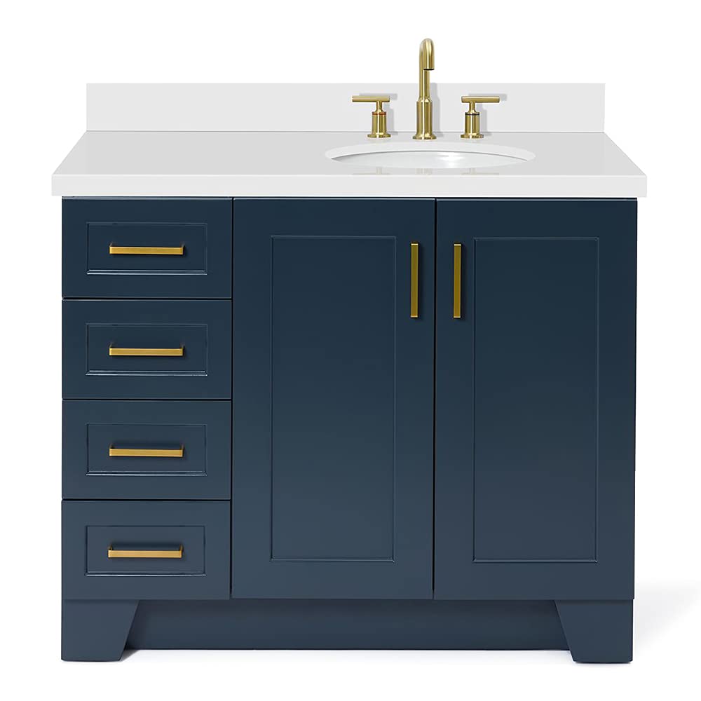 ARIEL Taylor 43 in. Right Offset Oval Sink Vanity with 1.5" Inch White Quartz Countertop in Midnight Blue