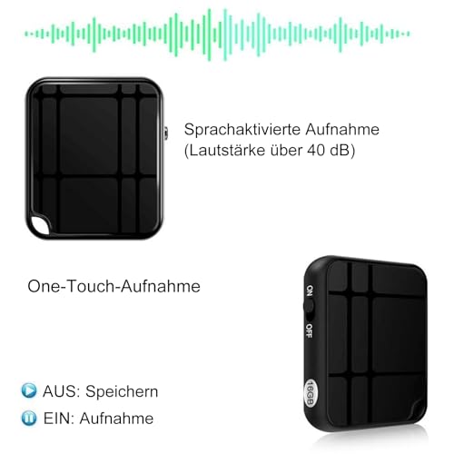 Mini Diktiergerät, Aufnahmegerät mit Stimmenaktivierung & Geräuschreduzierung, USB One-Touch-Aufnahme, MP3, 16GB Voice Recorder für Vorträge, Meetings