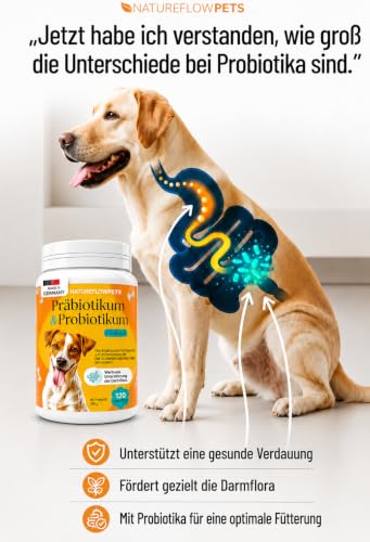 Natureflow Pets - Probiotika Hund - Darmkur bei Durchfall, Blähungen & Sodbrennen - Darmflora aufbauen & Magen-Darm stärken Präbiotika für Hunde - Magenschutz & Darmwohl mit Präbiotikum