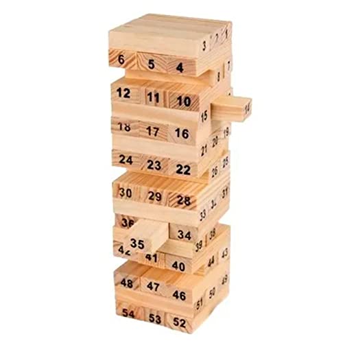 Acan Tradineur - Juego de Bloques de Madera, 54 fichas numeradas, 4 Dados, construcción de Torre apilable, Habilidad, Familia, 26 x 7 cm