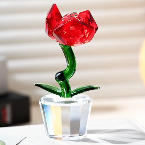 DLXK K9 Crystal Flower Figurine, Crystal Bloom Ornament with Hand-Polished Details, Mini Sparkling Decor for Home Tabletop Shelf, Ideal Festival Gift (Red Rose)