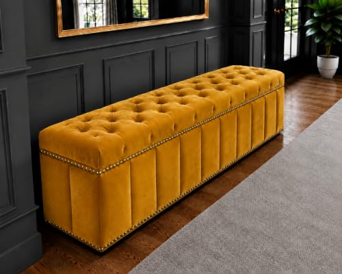 Image of Tufted Velvet Storage Ottoman Bench with Nailhead Trim (Mustard) | Storage Ottoman bench