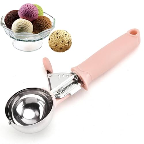 Stainless Steel Ice Cream Scoop with Trigger - Melon Baller, Mashed Potato Scooper, Fruits, Cookies, Baking (Pink)