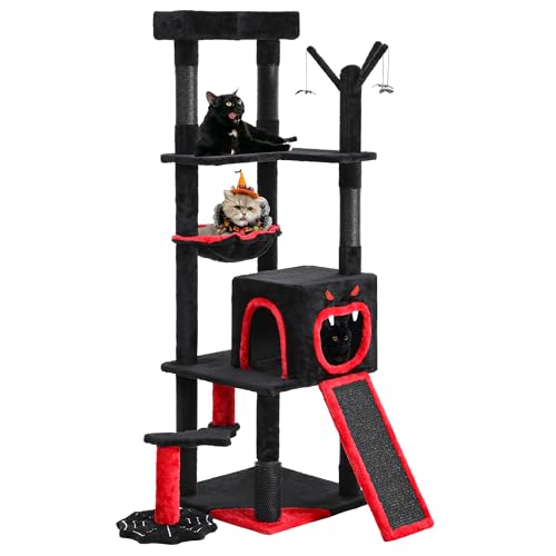 DWVO Gothic-Kratzbaum mit Sargbett, 153 cm hoher Katzenturm für Hauskatzen mit Sitzstange, geräumigen Katzenhäusern, Spinnen-Hängebällen, gemütlichem Korb, Kratzbaum und Leiter, Schwarz Halloween
