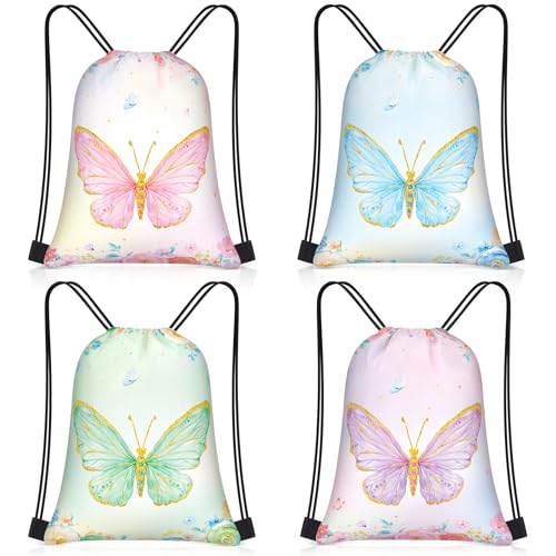 Censen 24 Pcs Butterfly Party Favors Drawstring Bags Bulk 12 x 10 Inch Waterproof Beach Treat Candy Gift Bag for Adult Butterfly Fairy Birthday Party Supplies