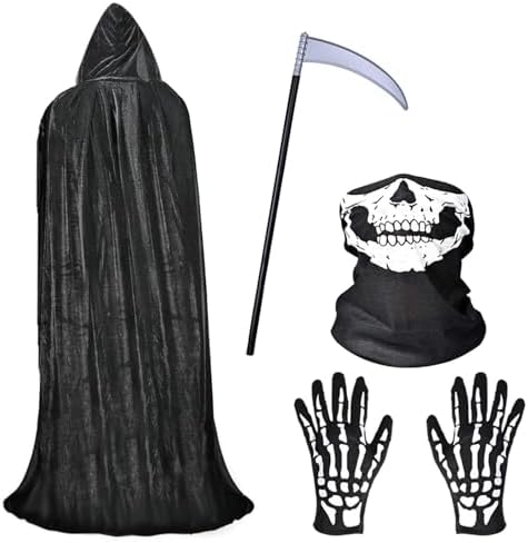 Fabu Negro Largo Capa con Capucha para Halloween Carnaval, Guante...
