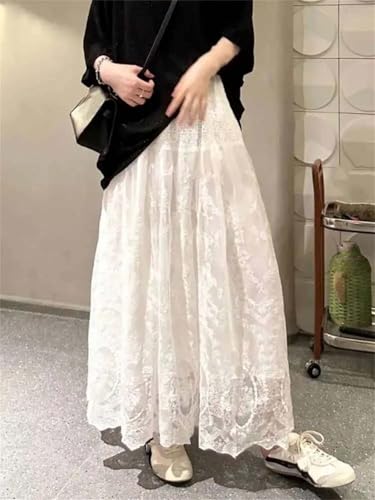 Women's Weekend Maxi Skirt Beach Travel Big Swing Lace Elastic Waist Embroidered Long Skirts2