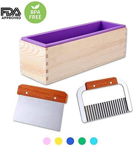1 Purple Flexible Rectangular Silicone Soap Mold with Large Pine Wood Box for Homemade Produce 1.2 Kg Art Craft Soap Making Mold + 2 Pcs Cutter Peeler Slicer Knife Home Kitchen Tool Set