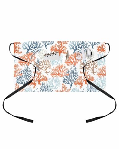 PIEPLE Ocean Coral Server Apron Waitress Aprons with 3 Pockets, Gradient Orange Blue Brown Sage Green Aqua Half Waist Waiter Aprons Restaurant Chef Aprons for Women Men