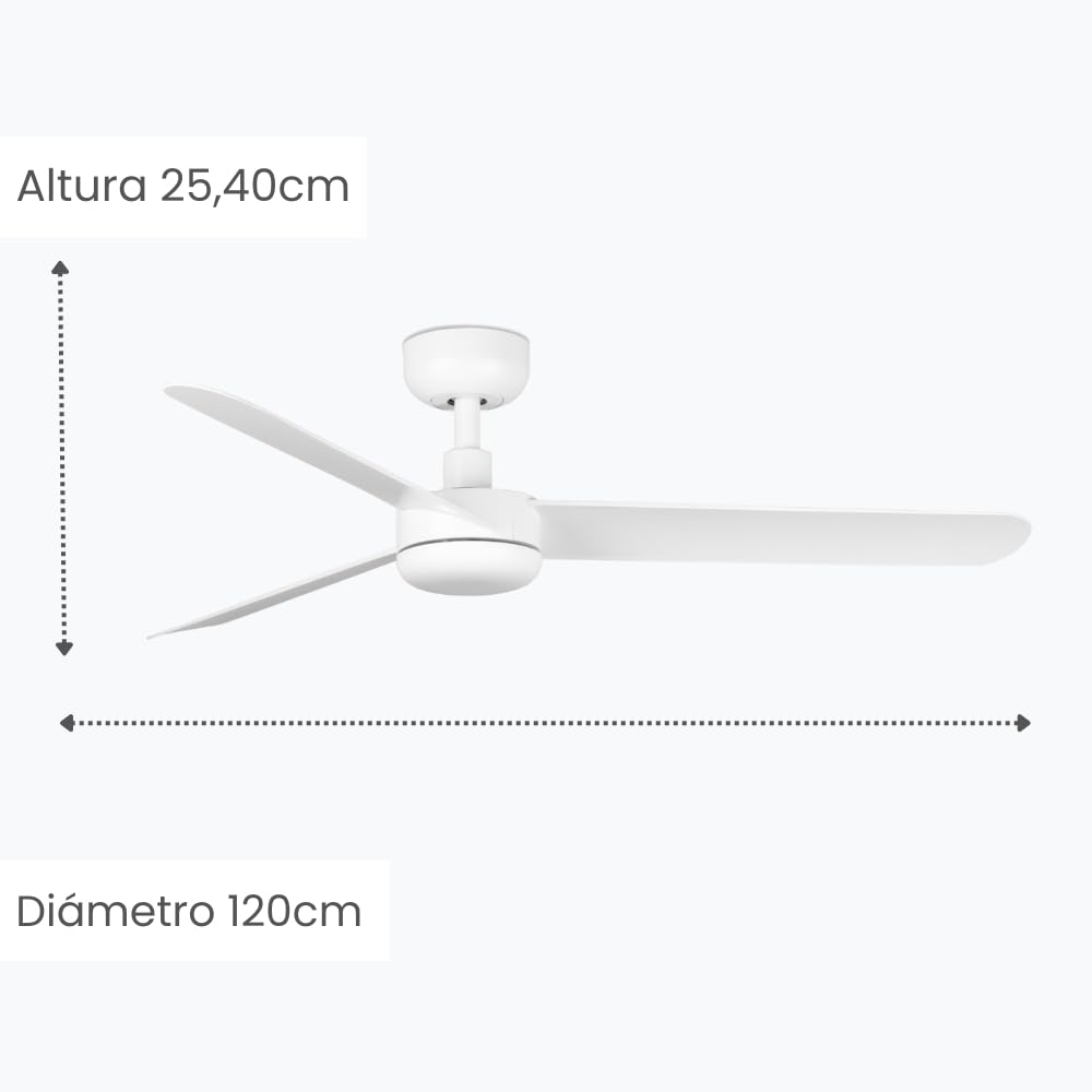 / BAIRES/Ventilador de techo blanco sin luz, Ø120 cm/Ultra Silencioso, bajo consumo, 6 Velocidades, Mando a distancia, Verano-Invierno, temporizador