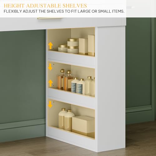 Image of DWVO Makeup Vanity Desk with Mirror & Lights | 40inch Vanity Table with Power Outlets, 4 Drawers & 6 Open Storage Shelves, 3 Color Modes, White