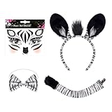 MLPKOI 4 Stück Zebra Kostüm Set, Tierkostüm, Zebra Ohren Haarreif, Schwanz, Fliege und Tattoo Gesicht, Dschungel Kostüm, Zzebra Accessoires für Cosplay Geburtstagsparty Zubehör Halloween