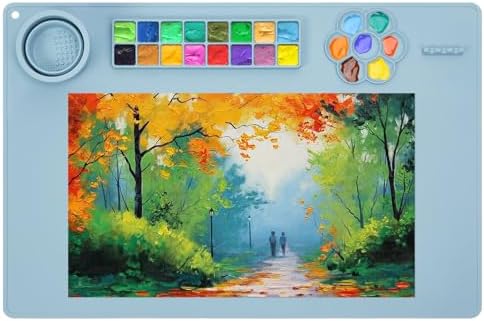 Silicone Painting Mat, Limous 24"x16" Silicone Art Mat with Cup for Adult, Silcone Craft Mat with 16-Color Separator, 1 Mixing Palette for Painting, Art,Clay, Resin Casting DIY