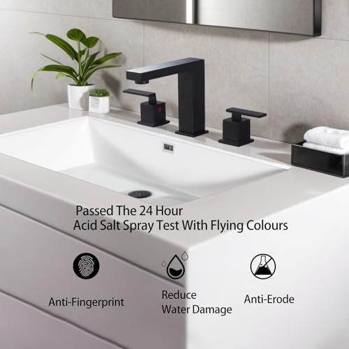 KINGO HOME 3 Hole Matte Black Bathroom Faucet, 8 Inch 2 Handle Modern Widespread Bathroom Sink Faucet, Vanity Basin Sink Faucet with Supply Hoses and Pop-Up Drain Stopper by KINGO HOME - Used condition - Image 4