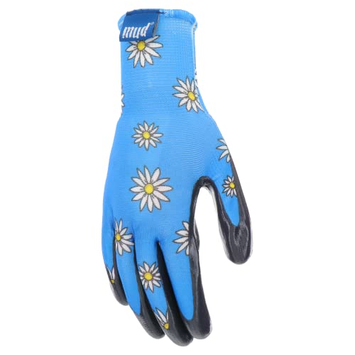 Mud Grip Women's Daisy Printed Polyester Shell And Flat Nitrile Coated Palm Gardening Gloves, Superior Grip, Water Resistant, Extreme Comfort, Blue, Medium/Large, (Md31001B-Wml) #TOP2