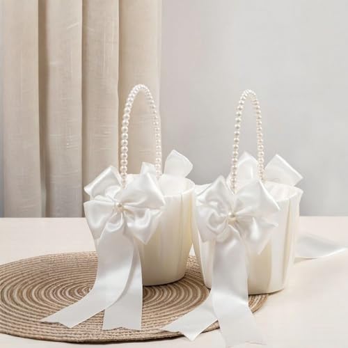 Hochzeitskorb für Blumenmädchen mit niedlichem Perlengriff Schleife Satin-Blumenkörbe für Hochzeitszeremonie und Partyzubehör 2 Stück