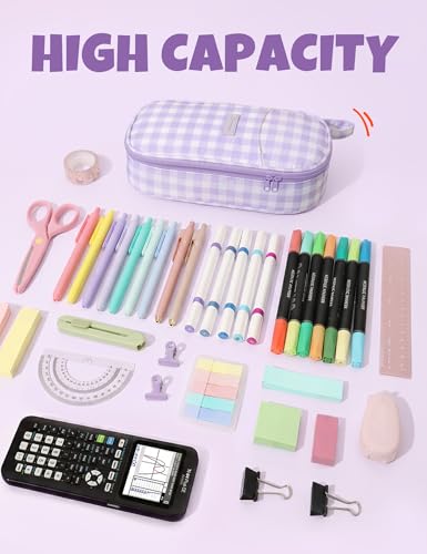 Image of SUNEE Cute Pencil Case, Large Colored Pencil Pouch, Aesthetic Pen Bag with Zipper, Kawaii Stationery Storage and Organizer, School Supplies for Teen and Adult, Boys & Girls, Purple Checkered