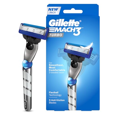 Gillette Mach 3 Turbo Shaving Razor for Men | Most Comfortable shave | Flexiball & Dynamic Pivot for Safe shave | Anti-Friction Blades & Lubricating Strip for smooth shave and sensitive skin