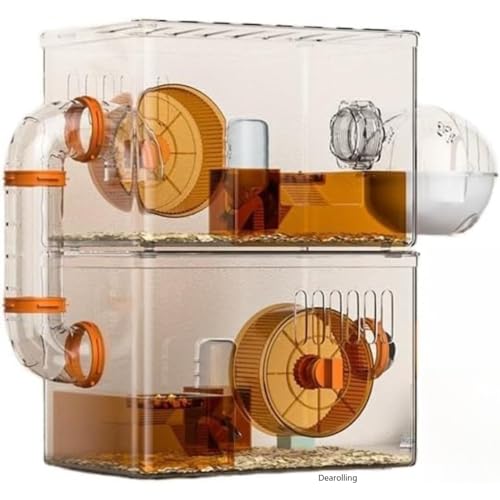 ハムスターケージ、小動物、アクリル素材、Dearolling、豪華セット、回転ホイール、給水器、バス、大型、飼育小屋、餌、お手入れ簡単、可愛い、広々、通気性、組み立て式、完全構成、合理的な区画 (二層- 31*21*41cm,A)