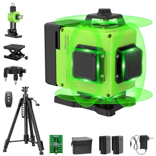 Set Niveau Laser 16 Lignes Vert 4 x 360° – Laser 4D de Précision avec Trépied, Auto-nivellement, Étanche IP54, Incl. 2 Batteries – Kit Complet pour Sol & Plafond