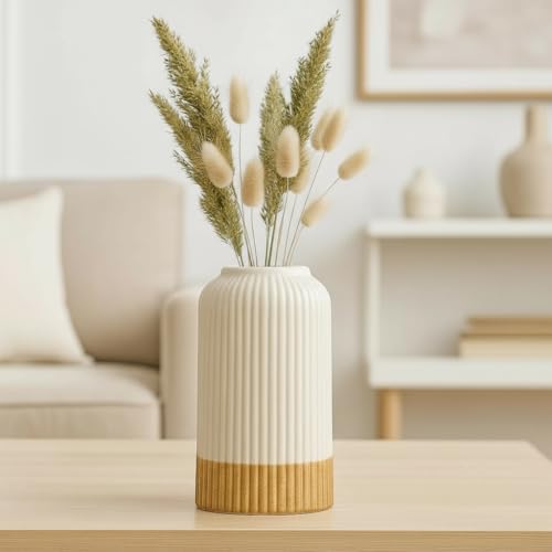 PUREZENTO White Ribbed Ceramic Flower Vase for Home Decor (6 Inch) | Modern Flower Vase for Pampas Grass & Dried Flowers | Centerpiece Vase for Living Room, Bedroom, Dining Table, Office & Gifting