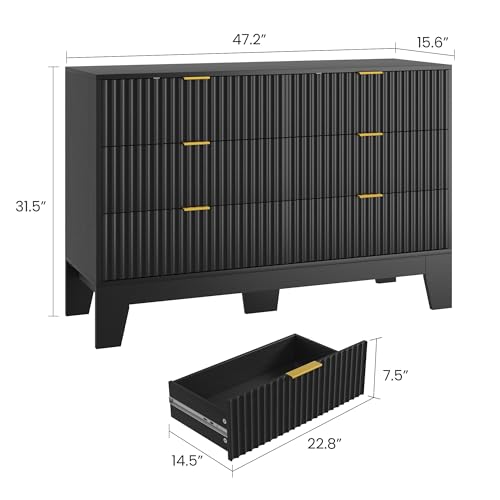 Image of Garvee 6 Drawer Dresser for Bedroom, 47 inch Wide Fluted Chest of Drawers with Metal Handle, Modern Wooden Dresser TV Stand, Clothes Storage Organizer Wood Closet for Hallway, Entryway, Black