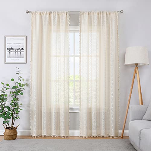 Ronaldecor Beige Boho Linen Textured Tassel Sheer Lace Curtains, Chic Crochet Geometry Knitting Rod Pocket Window Drapes For Living Room Bedroom, 2 Panels,63" L X 40" W #TOP1