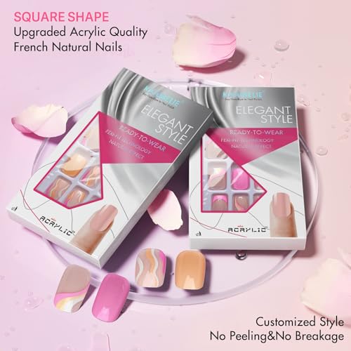 KXAMELIE Glossy Pink Press On Nails Short Square Coffin Nails With Colorful Swirls Design for Summer Manicure,24 pieces - Image 6