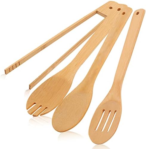 [4PCS] Wooden Bamboo Cooking Utensils : Salad Tongs, Wood Spoons, Slotted Spoon, Bamboo Forks, 11.8inch Long Handle Salad Serving Utensils is Perfect Choice for Daily Cooking and Gifts.USOONESP