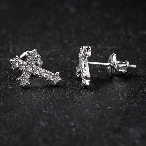 Mens Women's Small Prong Set Iced 5A Cz Hip Hop White Gold Rhodium 925 Sterling Silver Hypoallergenic Crucifix Ice Out Cubic Zirconia Gothic Cross Screw Back Stud Earrings4