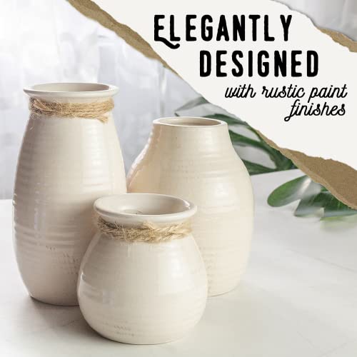 White Vases For Decor - Rustic Home Decor, Modern Farmhouse Decorations - Ceramic Vase For Fireplace Decor - Vases For Flowers, Rustic Decor For Living Room - Farmhouse Decor For The Home, Set Of 3 #TOP3