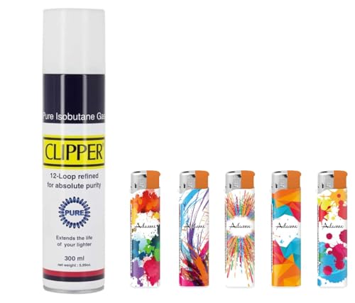 Clipper Gas Encendedor - 300ml - Pure Isobutano mas 5 Mecheros Electronicos Recargables y Ajustables de Llama de Varios Dibujos al Azar de Regalo Juego Exclusivo para DISPAU.