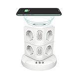 Regleta Vertical, THOWALL Regleta Enchufes con 8 Enchufes & 3 Puertos USB & 10W Cargador Inalámbrico, 2500W/10A Enchufe Múltiple con Proteccion contra Sobrecarga, 2 Interruptores, Cable 3G 1 mm² 1,8M