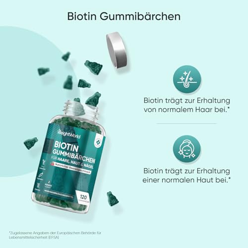 Biotin Gummibärchen - Vitamin B7 (D - Biotin) mit 5000 μg - 120 Gummies - Mit Vitamin C & E, Selen, Jod, A, B9, B6, B12, B5-2 Monate Vorrat - Natürlicher Beerengeschmack - WeightWorld