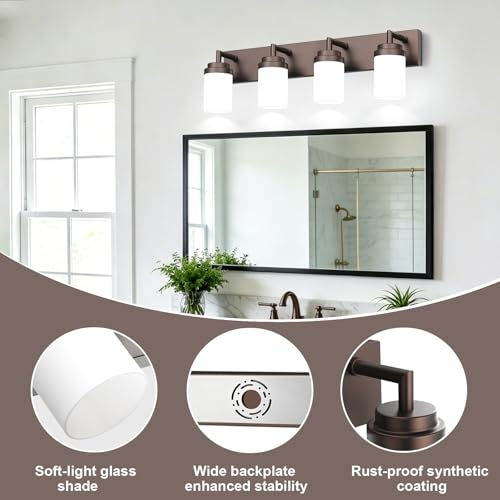 Image of Bathroom Light Fixtures, Oil Rubbed Bronze Bathroom Lighting Fixtures Over Mirror, Modern Vanity Light with White Glass Shade, Restroom Lighting Fixtures, 4-Light 30-inch