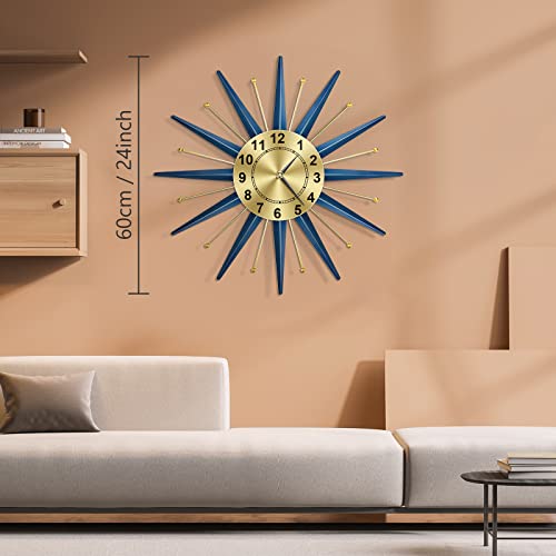 Toktekk 24 Inch Mid Century Starburst Wall Clock, Battery Operated Large Metal Decorative Wall Clock, Modern Silent Wall Clock For Living Room Bedroom Kitchen Decor(Blue) #TOP3