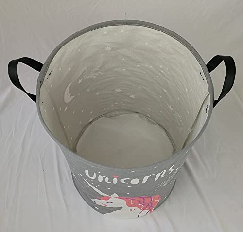 Image of Kids Laundry Hamper Clothes Gift Basket Storage Laundry Baskets Organizer Bin with Handles for Nursery Room (Grey Unicorn)