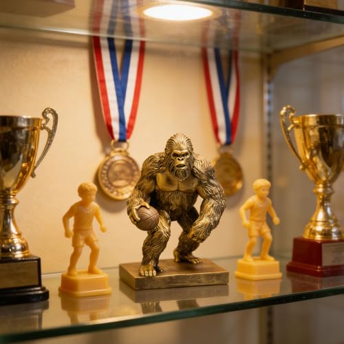 Image of Bigfoot Statue Sasquatch Playing Basketball Whimsical Home Decor | Desk Decor for Yard Patio Office Cabin Bigfoot Sasquatch Gifts for Men Cryptid Basketball Lovers