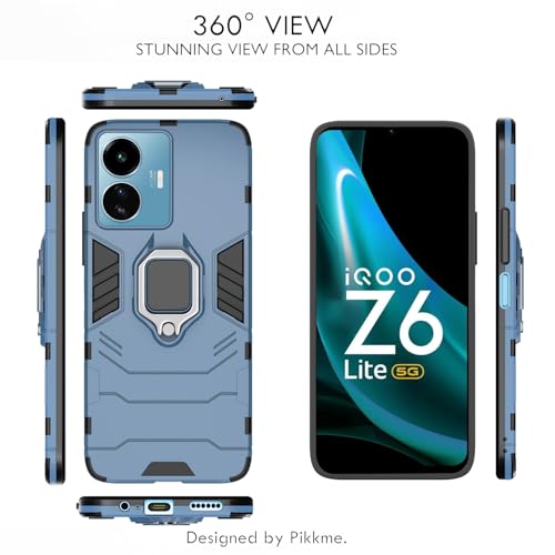 Image of Pikkme Back Cover for iQOO Z6 Lite 5G | 360 Protection | Ring Holder | Kickstand | Tough Armor Case (Blue)